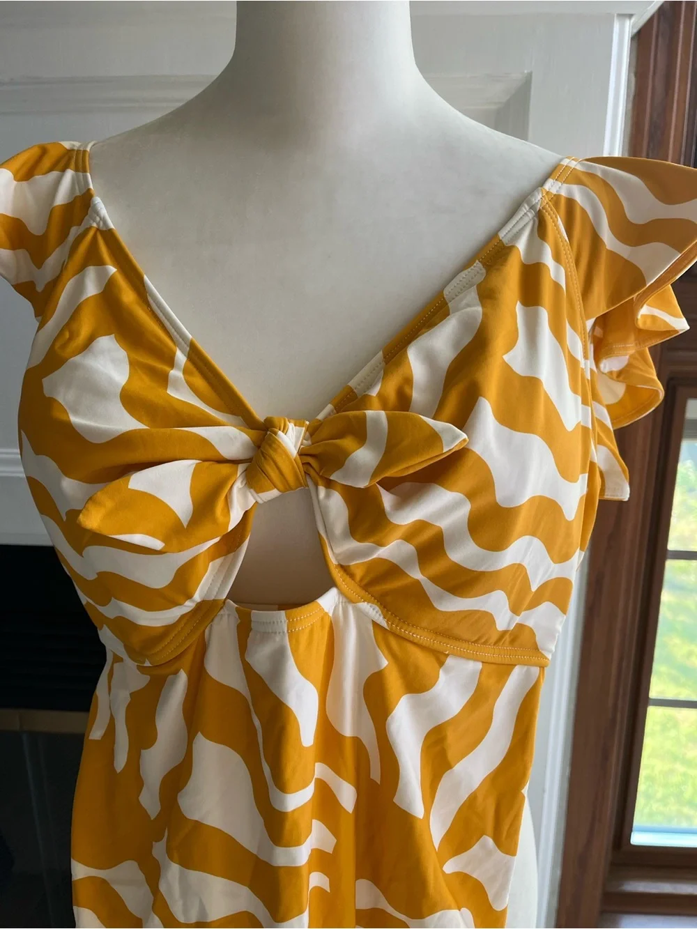 LOFT Yellow and Cream Wave-Print Tie-Front One Piece Swimsuit